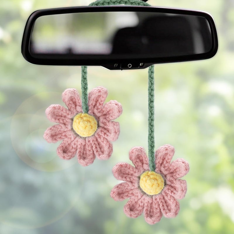 ecocstm 2 PCS Crochet Daisy Car Accessories for Women, Car Rearview Mirror Hanging Accessories, Handmade Cute Cars Accessory for Women Aesthetic, Girly Pink Crochet Flowers Cars Decor (Pink) - Image 1